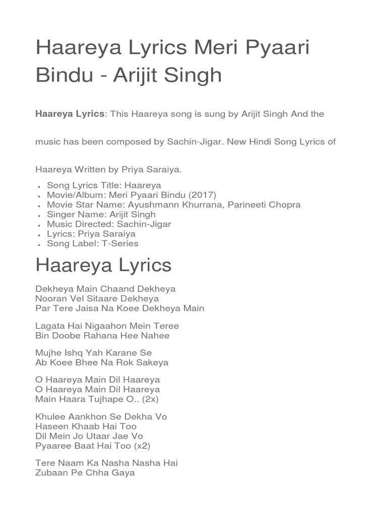 Haareya Lyrics Meri Pyaari Bindu | PDF