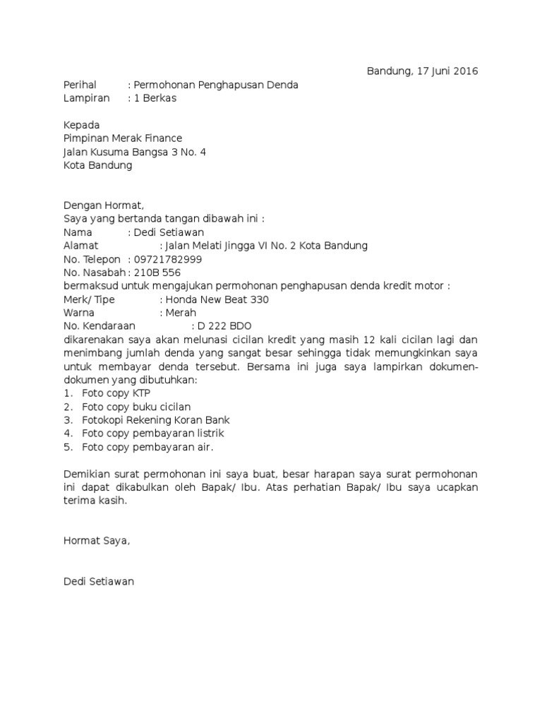 Contoh Surat Penambah Limit Kredit
