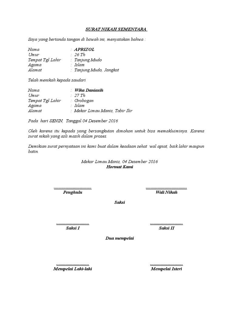 Contoh Surat Nikah Sementara Mosaicone