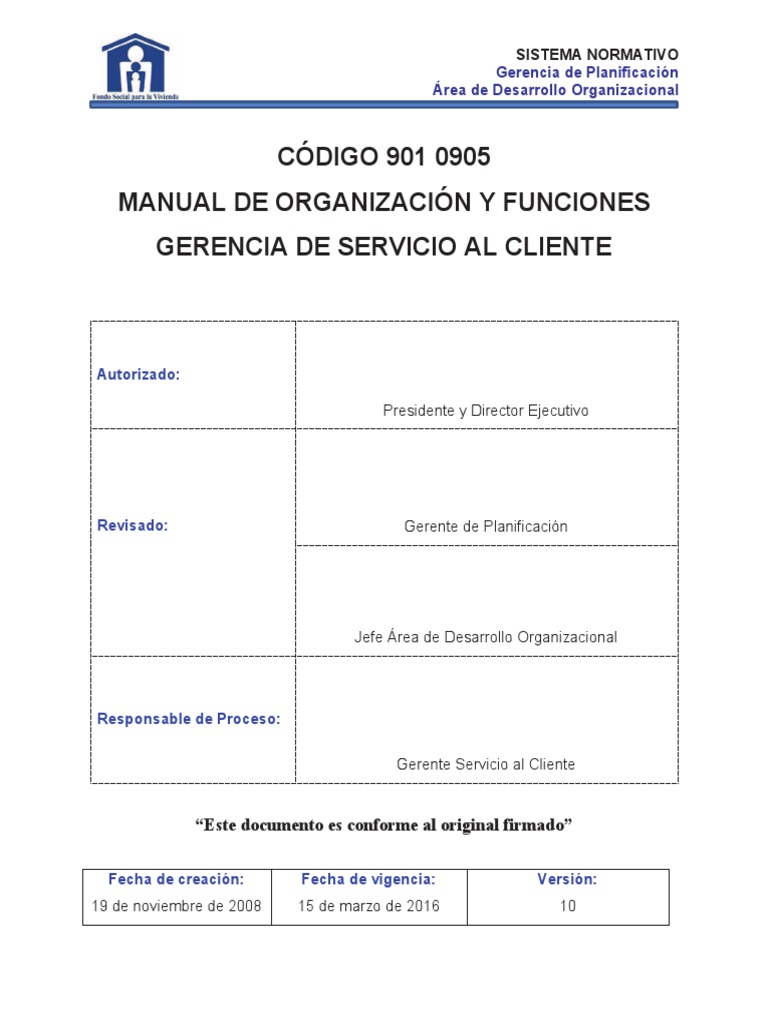 Manual de Organización y Funciones - Gerencia de Servicio Al Cliente ...