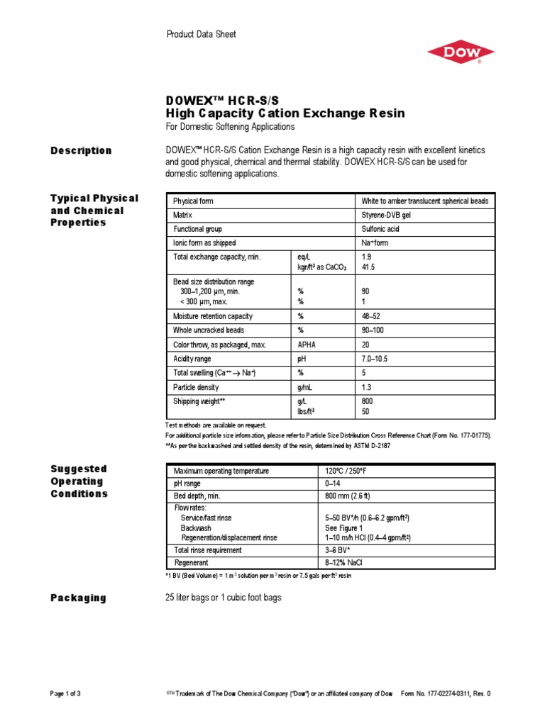 Dowex™ HCR-S/S High Capacity Cation Exchange Resin: Description | PDF ...