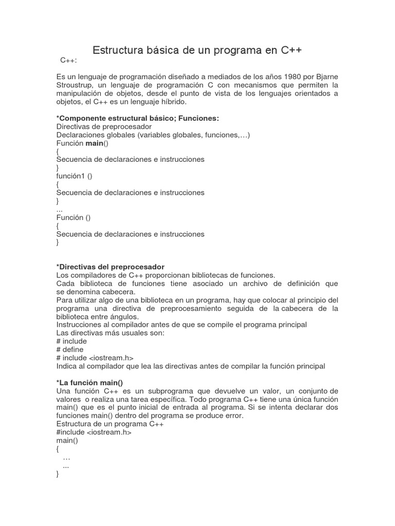 Estructura Básica de Un Programa en C PDF C ++ Tipo de datos