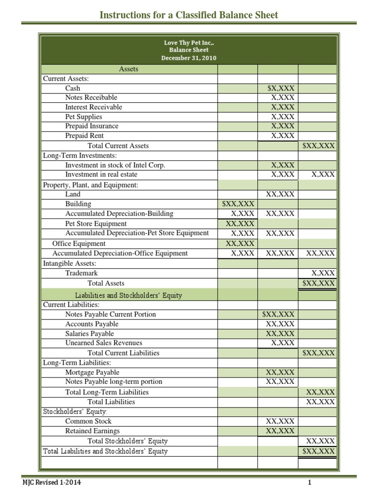Instructions for a Classified Balance Sheet