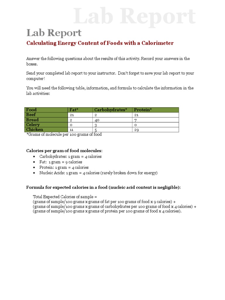 Lab Report Calculating Energy Content of Foods With A Calorimeter