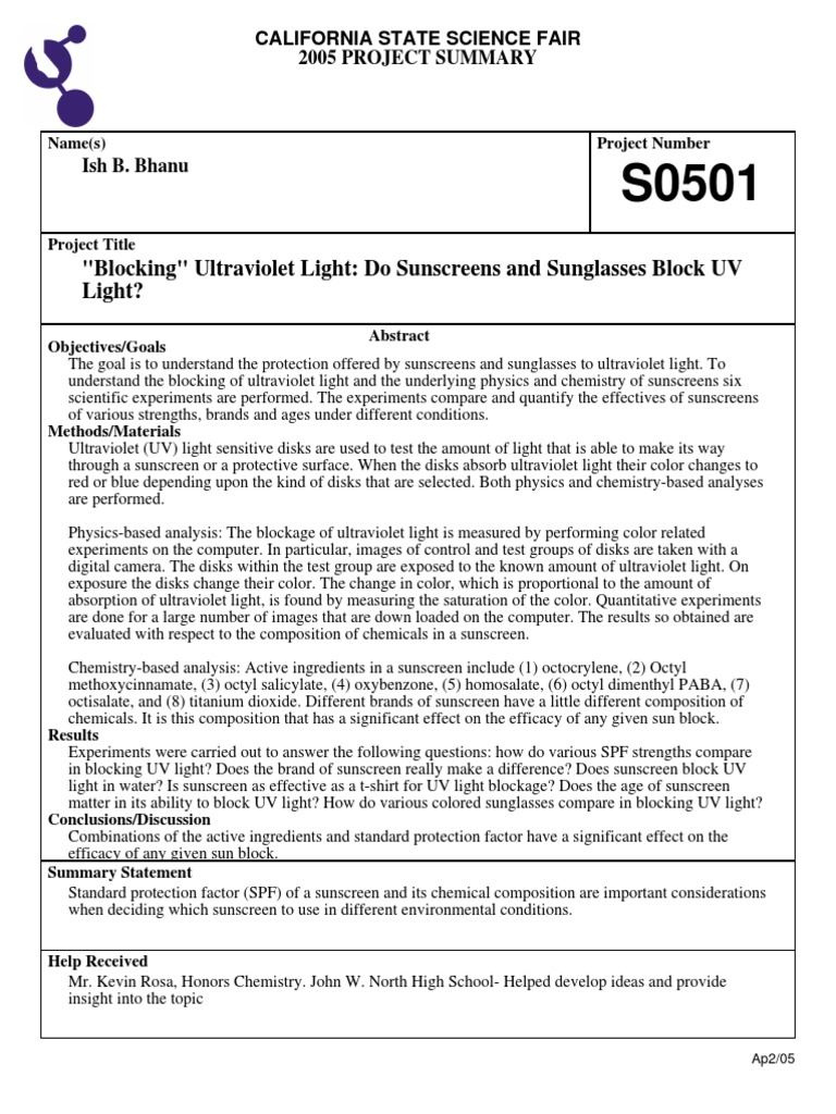 "Blocking" Ultraviolet Light Do Sunscreens and Sunglasses Block UV Light? PDF Sunscreen