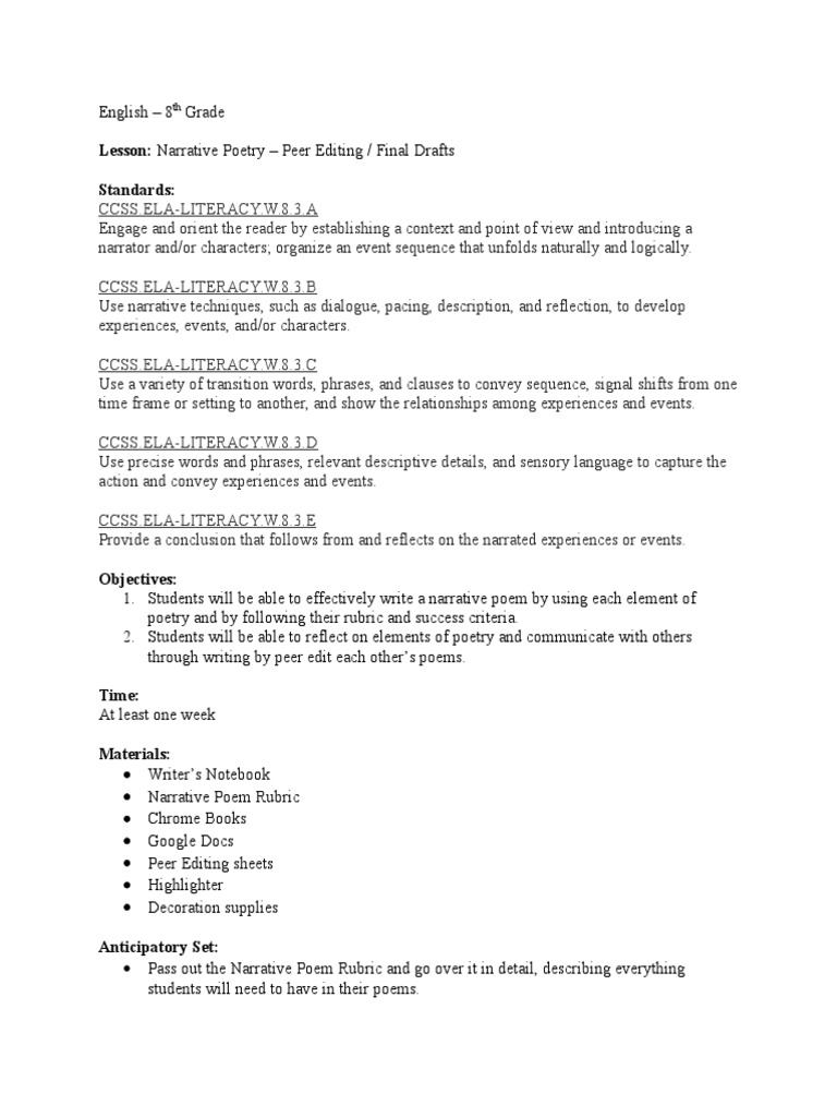 Narrative poetry worksheet picture