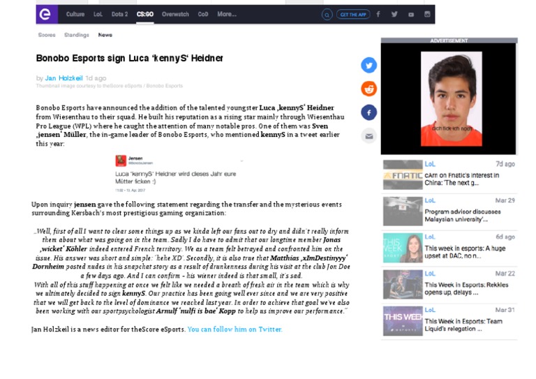 Bonobo Esports Signs Luca 'kennyS' Heidner | PDF | Games & Activities ...