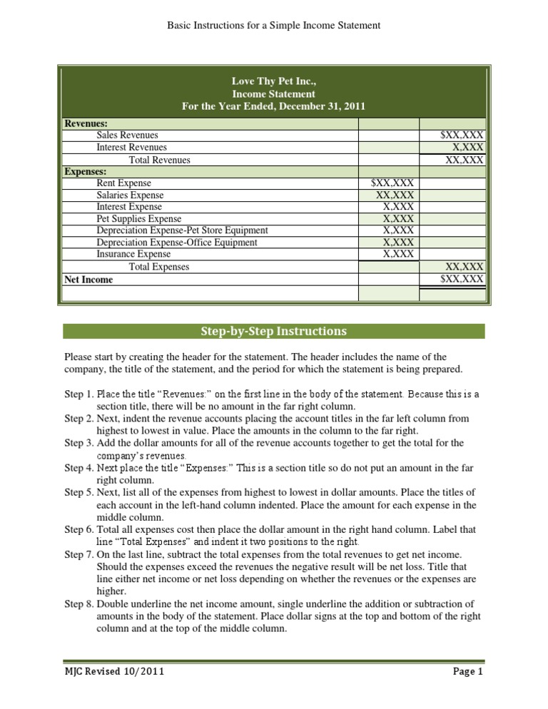 Basic Instructions for a Simple Income Statement