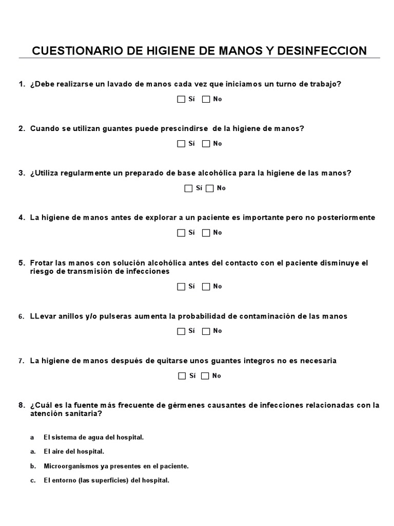 Cuestionario de Higiene de Manos y Desinfeccion | Descargar gratis PDF ...