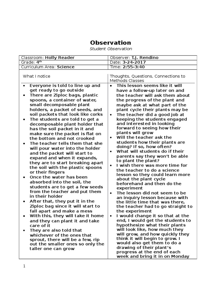 science lesson observation form | Inquiry | Classroom