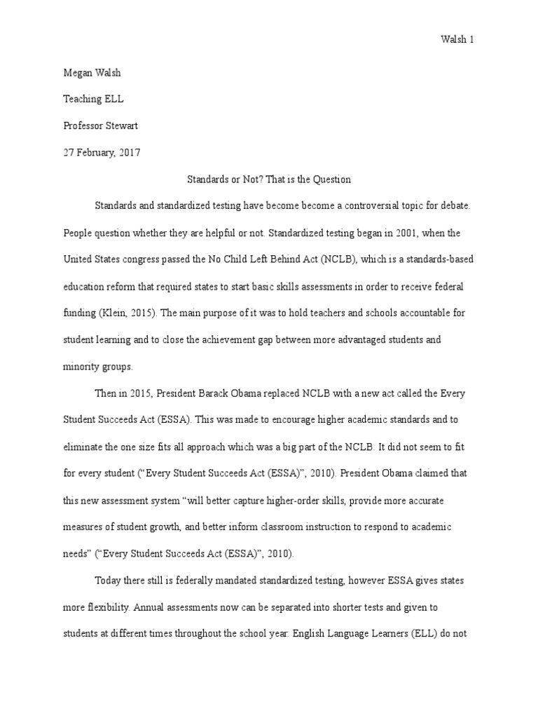 Debate Essay - Standards and Standardized Testing | PDF | No Child Left ...