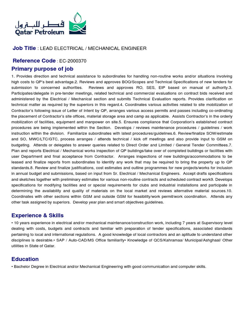 Job Title Reference Code Primary Purpose of Job:: Lead Electrical ...