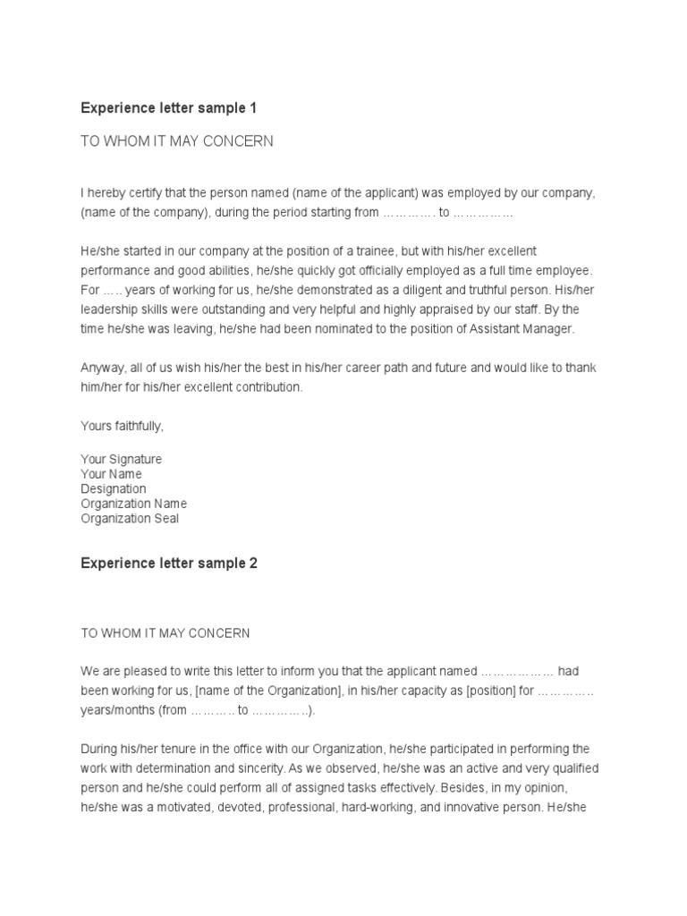 Work Experience Letter Format To Whom It May Concern