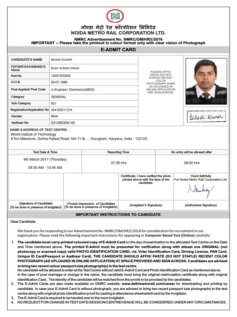 NMRC E-Admit Card Instructions | PDF | Identity Document | Test ...