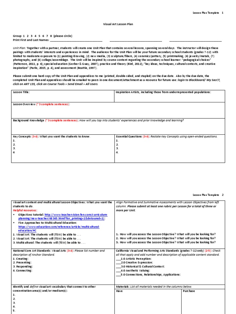 Visual Art Lesson Plan Template | PDF | Lesson Plan | Educational ...