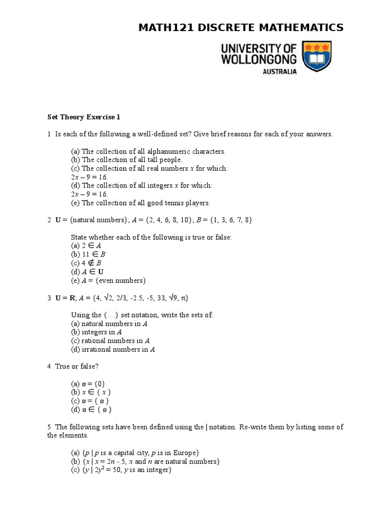 Discrete Mathematics Set Theory Exercises | PDF | Natural Number | Logic