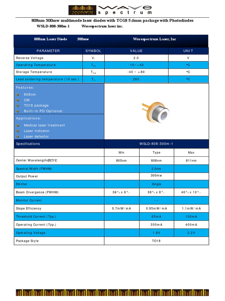 808nm 300mW Laser Diode Specifications | PDF | Laser | Diode