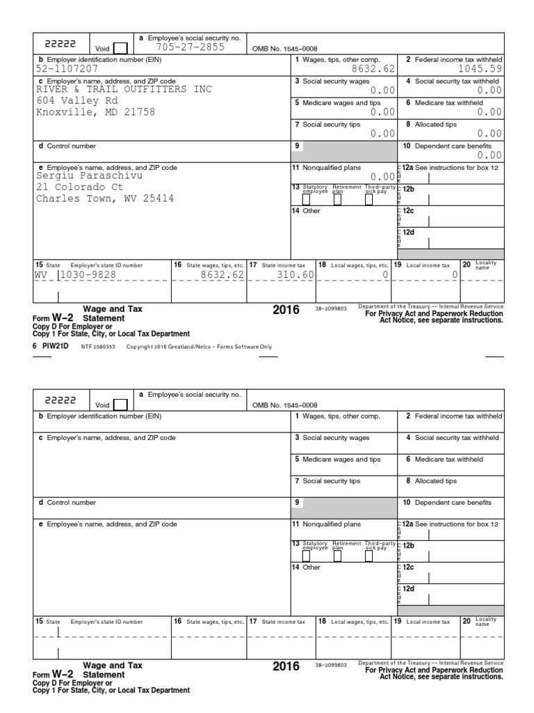 Rivtra Employer W-2 2016 | Social Security (United States ...