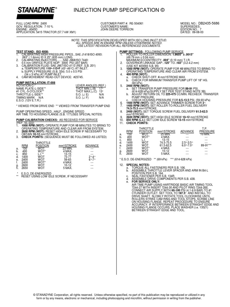 Plano de Teste DB 2435-5686 John Deere 5425 | Pump | Screw