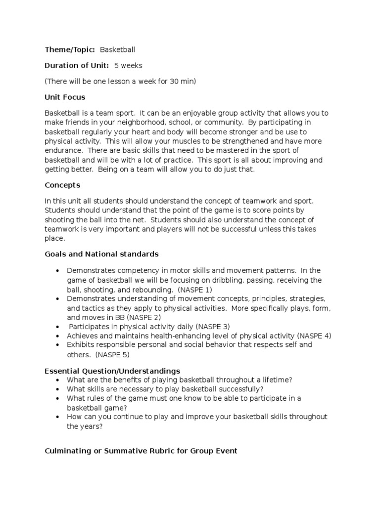 Theme/Topic Basketball Duration of Unit 5 Weeks PDF Ball Games