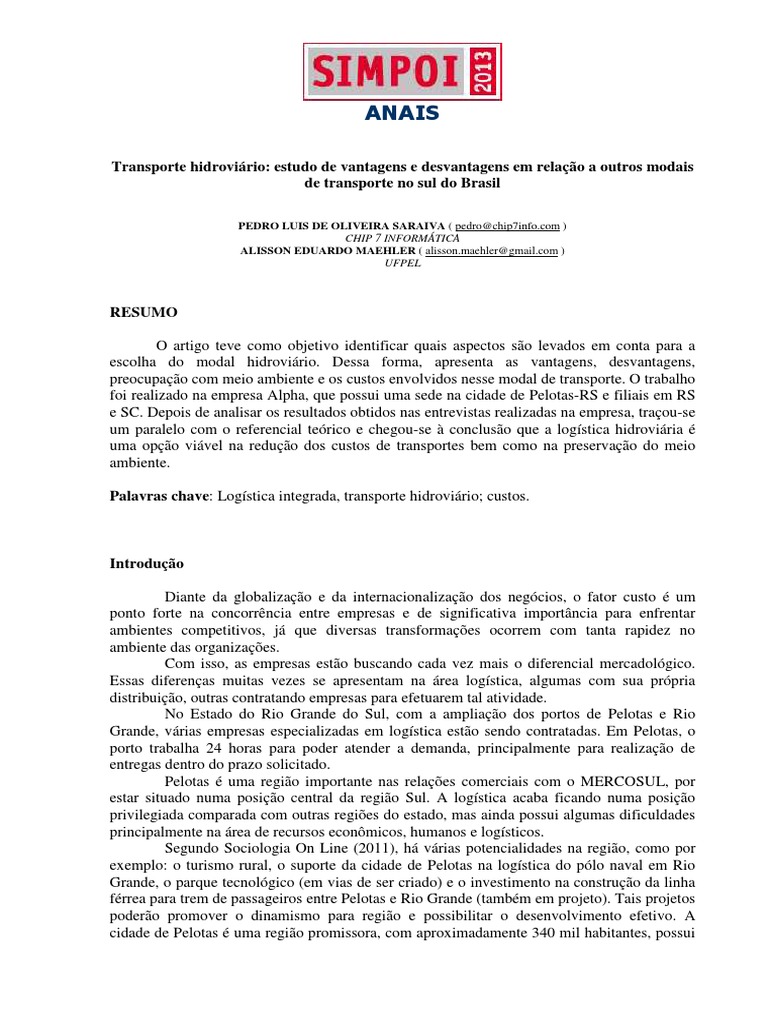 Vantagens e Desvantagens do Transporte Hidroviário | PDF | Logística ...