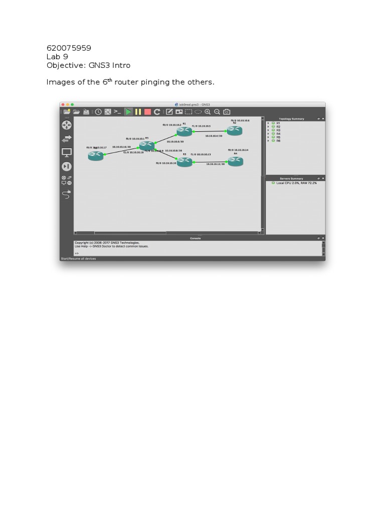 Lab 9 Objective: GNS3 Intro Images of The 6 Router Pinging The Others | PDF