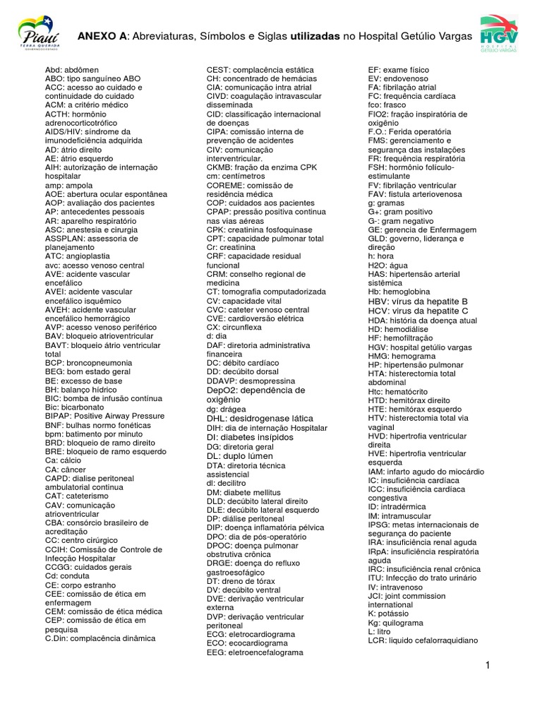 Abreviaturas, Símbolos e Siglas utilizadas.pdf AVC Veia