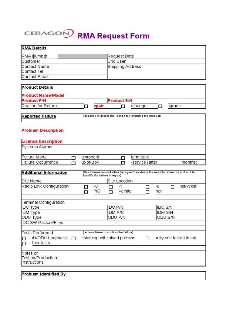 RMA Request Form Template | PDF | Technology & Engineering