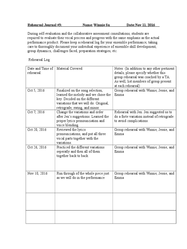Ensemble Rehearsal Journal Insights | PDF