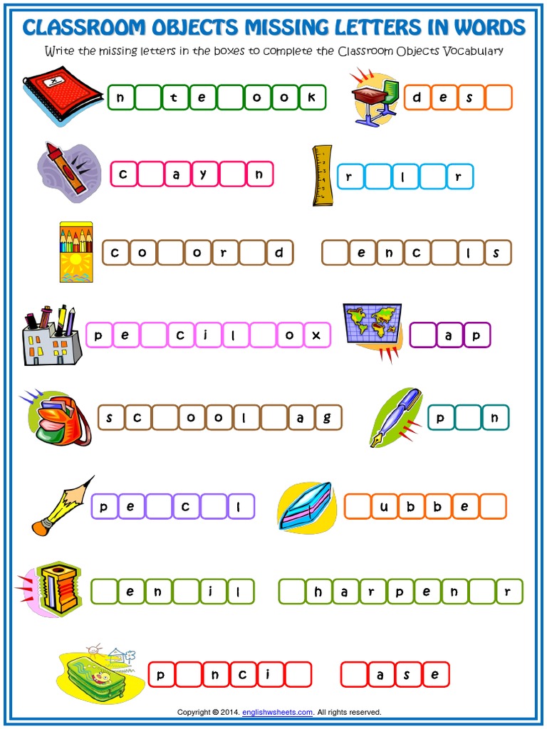 Classroom Objects Vocabulary Missing Letters in Words Esl Worksheet PDF |  PDF | Copyright Law | Law