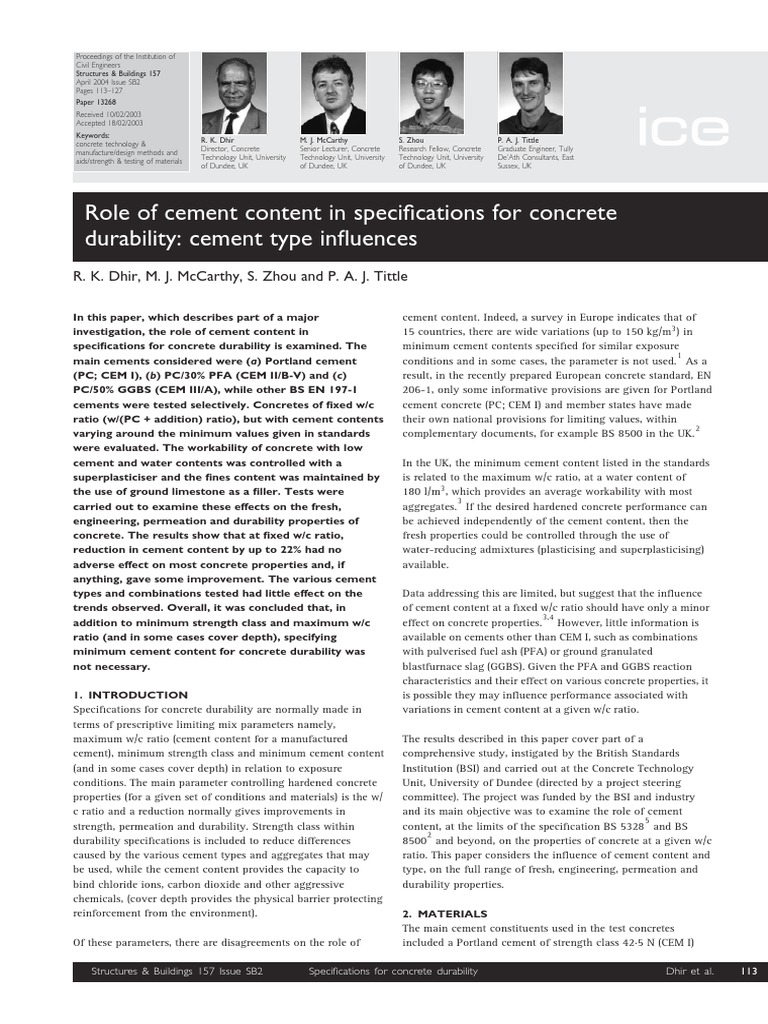 Role of cement content in specification for concrete durability