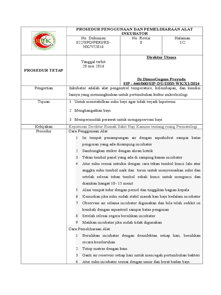 Prosedur Penggunaan Dan Pemeliharaan Alat Inkubator Docx Hesti Pdf