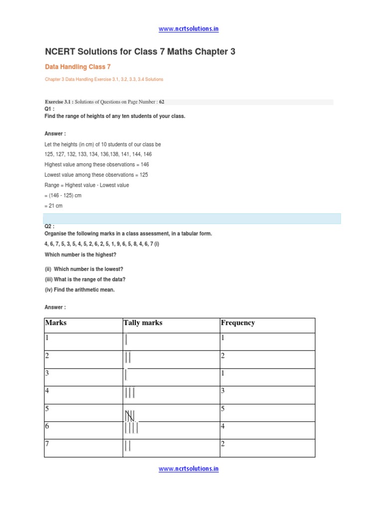Class 7 Maths Chapter 3 Solutions | PDF | Mode (Statistics) | Median