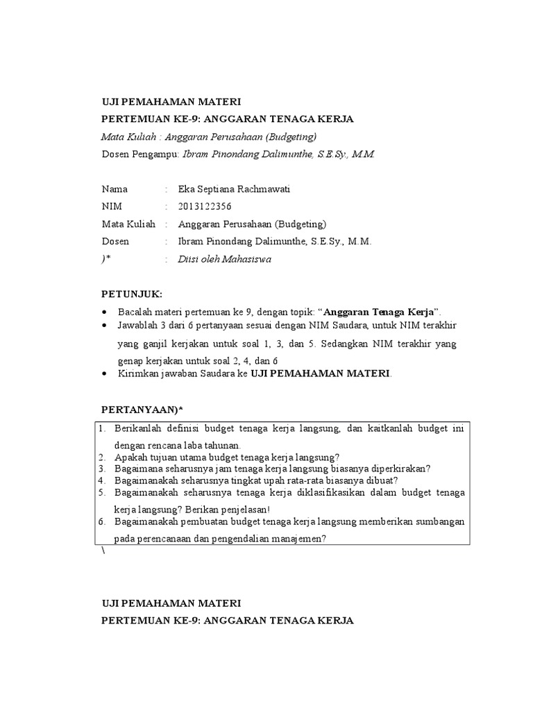 Contoh Soal Dan Jawaban Anggaran Tenaga Kerja Pendidikan