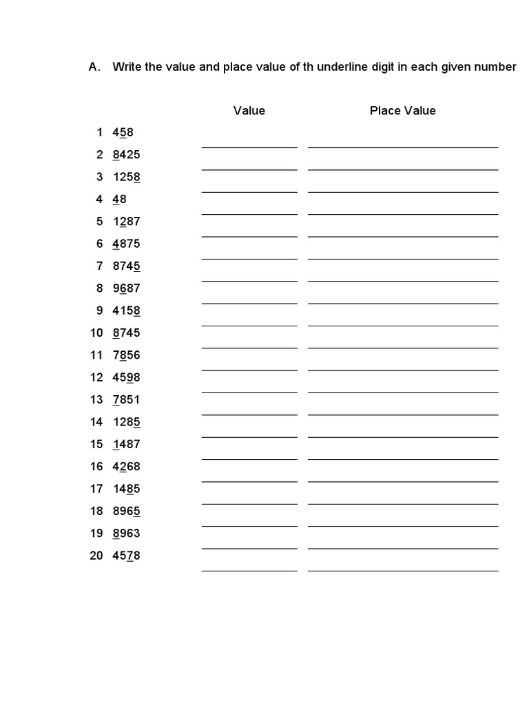 A. Write The Value and Place Value of TH Underline Digit in Each Given ...