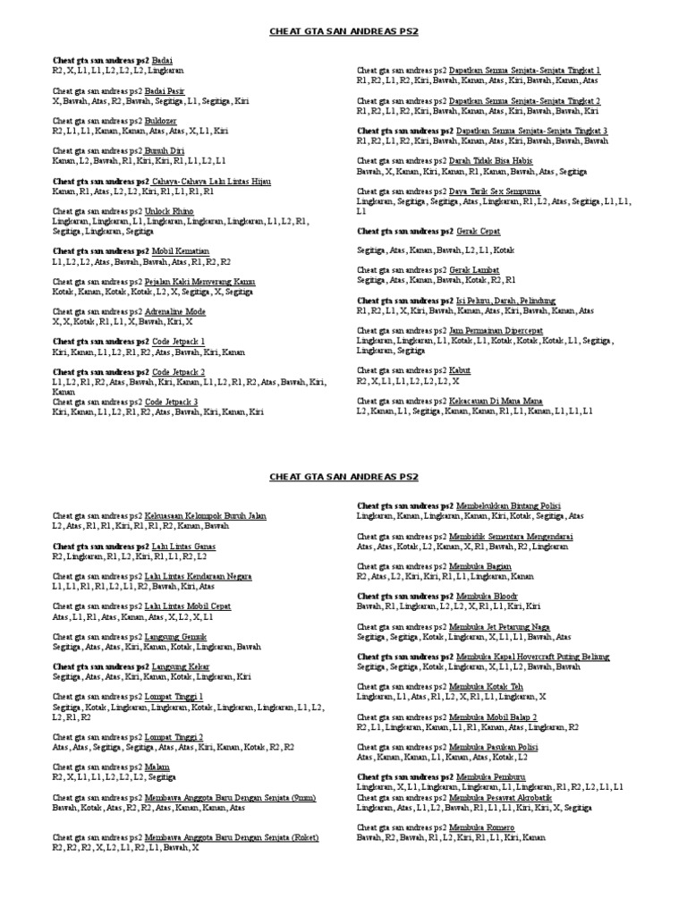 Cheat Mobil Balap GTA San Andreas PS2 PDF