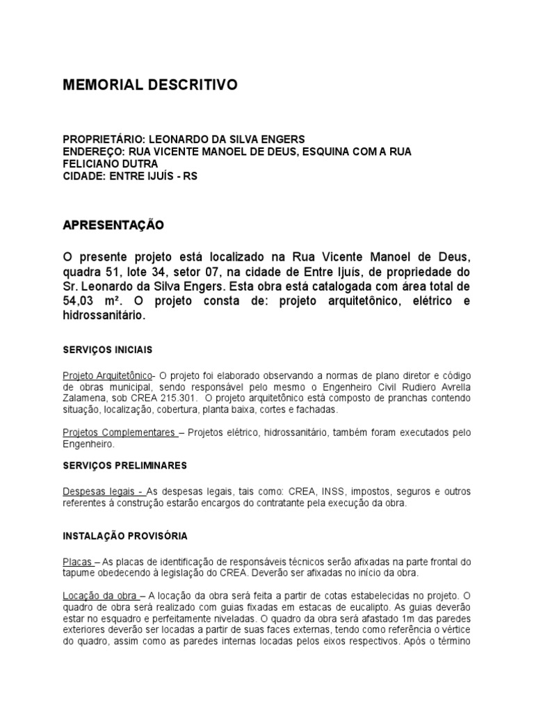 Memorial Descritivo Construção Residencia Unifamiliar | Argamassa ...