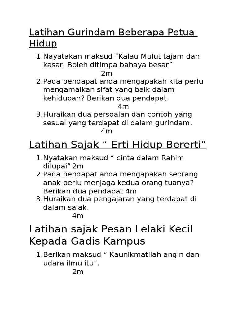 Latihan Gurindam Beberapa Petua Hidup Pdf