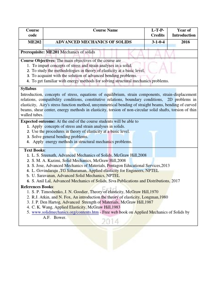Me 202 Advanced Mechanics of Solids | PDF | Stress (Mechanics) | Bending
