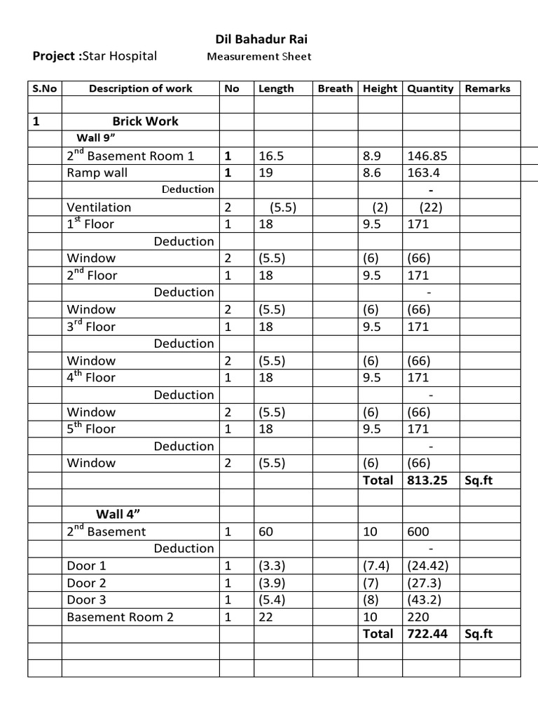 Star Hospital Measurement Sheet Summary | PDF | Basement | Wall