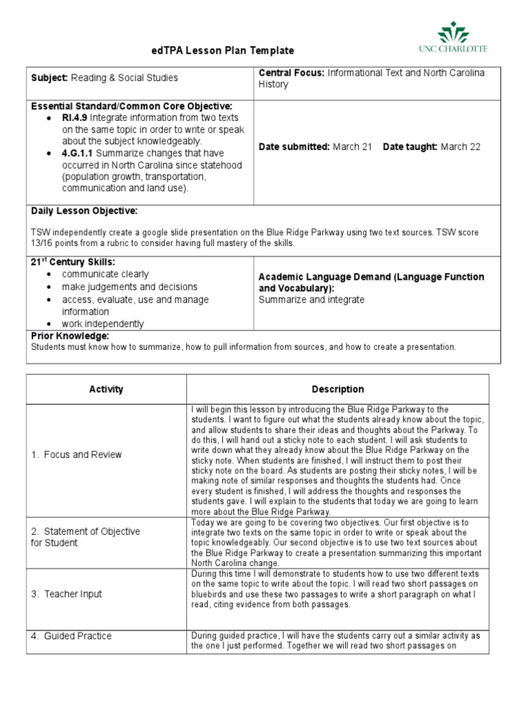 Edtpa Lesson Plan Template PDF Educational Assessment Quality Of Life