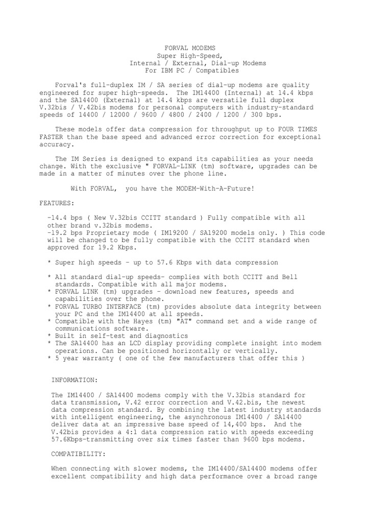 HighSpeed Internal and External DialUp Modems from Forval Offering