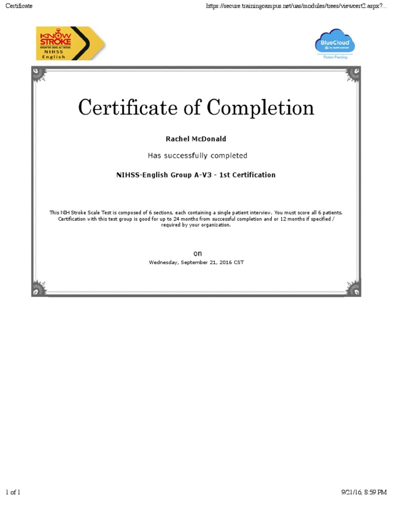 Certificate Nih Stroke Scale PDF Disability Health Sciences