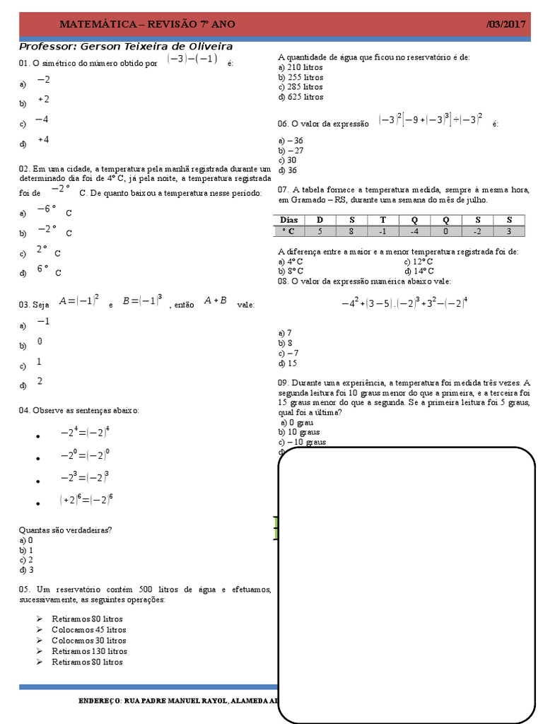 Revisão de exercícios de matemática do 7o ano com ênfase em operações ...