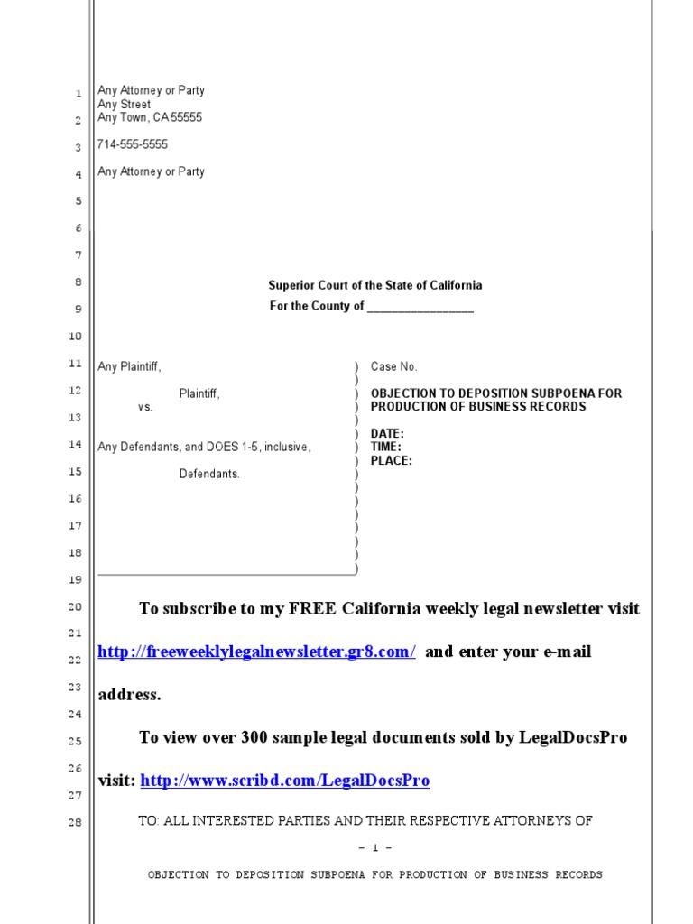 Sample Objection To Deposition Subpoena For California | PDF | Deposition  (Law) | Subpoena
