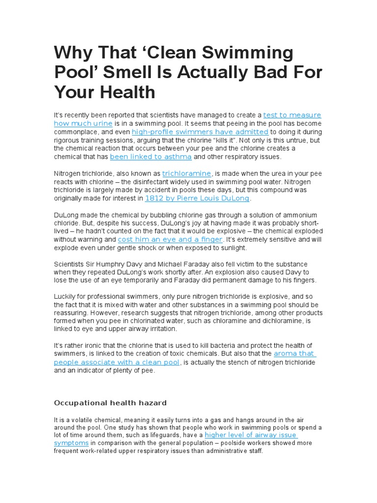 Why That Clean Swimming Pool' Smell Is Actually Bad For Your Health PDF Chlorine Chemical