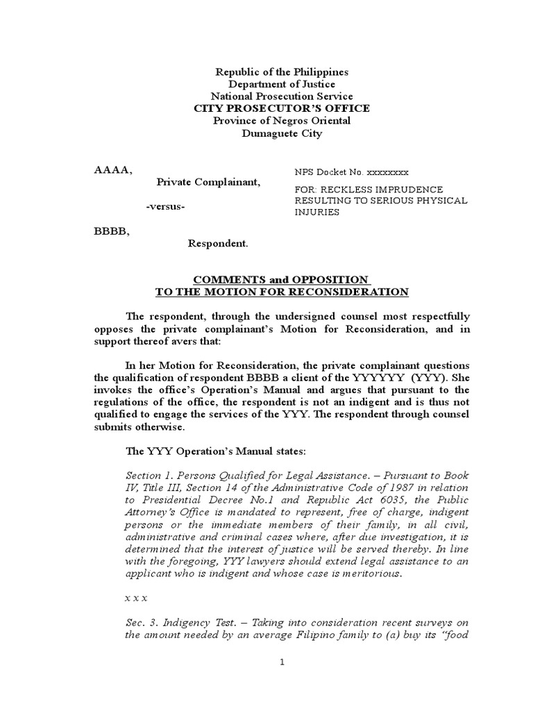 Comments to Motion for Reconsideration Contributory Negligence Prosecutor