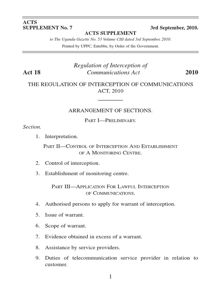 Regulations of Interception of Communications Act, 2010 PDF