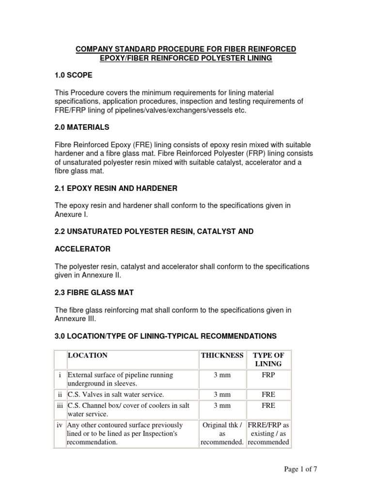 Location Thickness Type of Lining PDF
