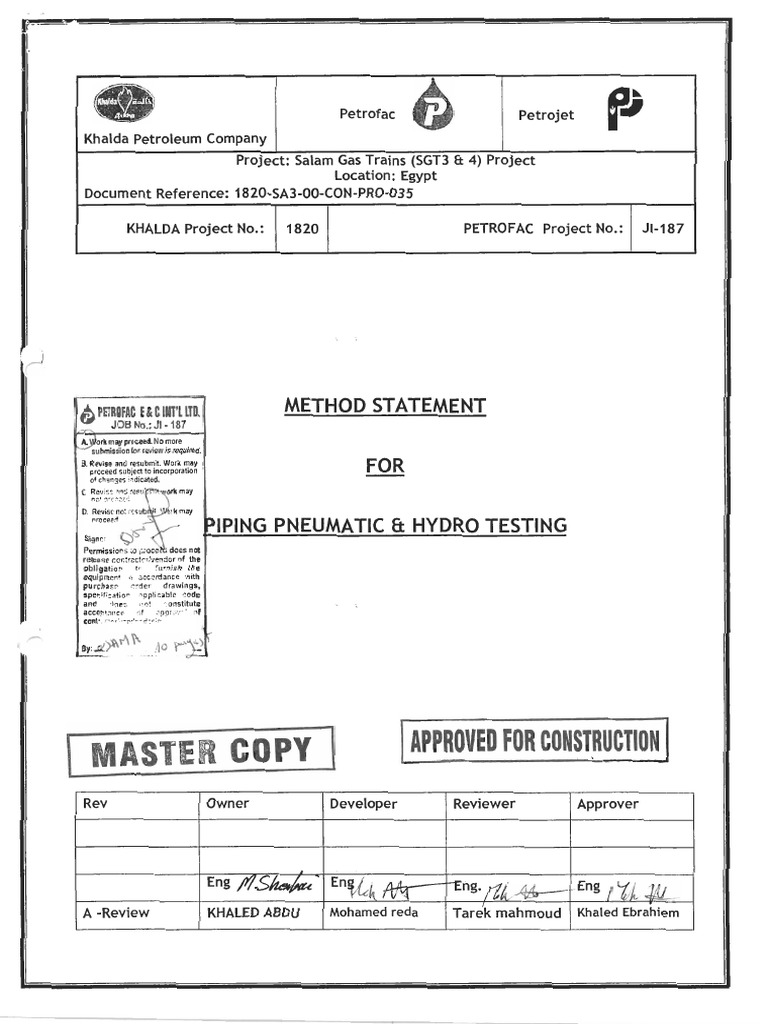 Method Statement for Piping Pneumatic & Hydro Testing